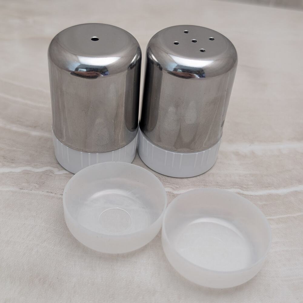 Salt and Pepper Shakers Chrome Silver Tone/White with Lids - Travel / Picnic